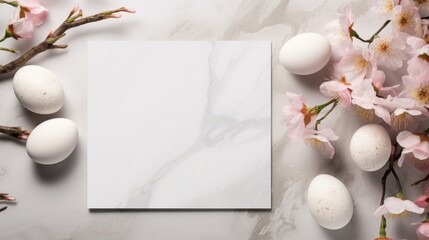 Fresh white Easter eggs among cherry blossoms on a marble background, signaling spring.