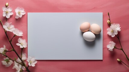 A minimalistic layout with Easter eggs and soft cherry blossoms on a pink backdrop.