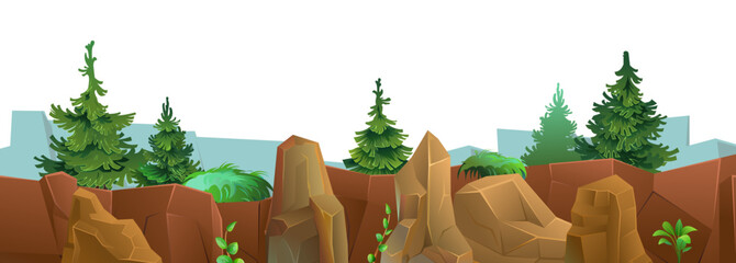 Coniferous trees and fir trees on edge. Mountain range of stones and cliffs. Picture horizontally seamless. Object isolated on white background. Cartoon fun style Illustration vector