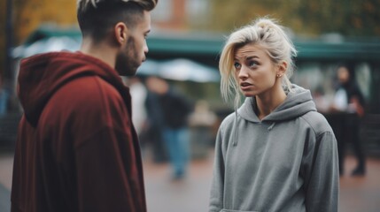 Fototapeta premium A concerned blonde woman in a hoodie talks to a man outside, with an air of urgency or worry.