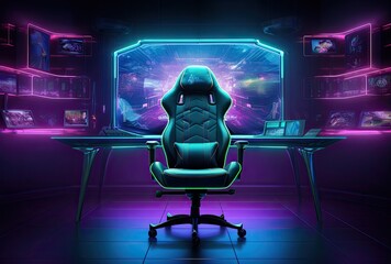 An ergonomic gamer chair illuminated by neon lights in a stylishly lit room.