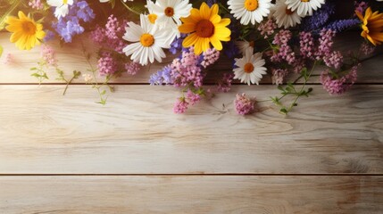 Vibrant wildflowers arranged on a rustic wooden plank backdrop, full of colors and textures.