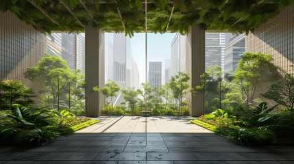 An open square floor adorned with greenery, set against the backdrop of a city skyline and buildings. Generative AI	
