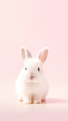 Fototapeta na wymiar A cute white rabbit sits attentively against a soft pink backdrop, ideal for Easter or pet themes.