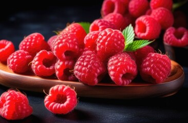 Fresh raspberries on a dark background