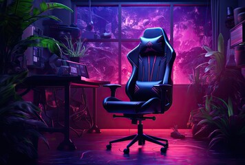 A gaming chair designed for comfort and style, situated in a room bathed in atmospheric neon lights. - obrazy, fototapety, plakaty