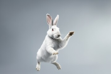 Obraz premium Rabbit jumping on grey background. Concept of happy easter. 3d render.