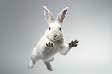 Obraz premium Rabbit jumping on gray background with copy space. 3d rendering