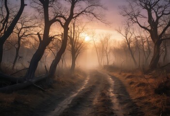 Scorched earth with dirt walking track, path through burnt landscape after bushfire, forest fire