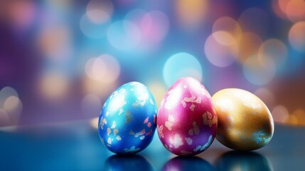 Three painted Easter eggs on a shiny surface with colorful bokeh lights in the background.