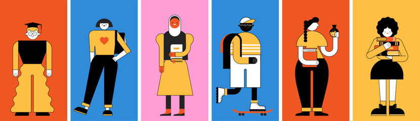 Collection of Education, Students, Teenagers geometric characters, illustrations. Education, learning, online school concept design