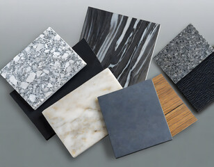 top view of interior luxury sample materials including black and gery marble stones, wooden. Generative AI.