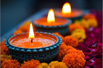 Illuminated Diyas Amidst Floral Decorations