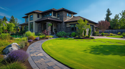 an awesome house with a green grass lawn and beautiful garden