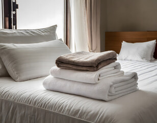 towels on bed. Generative AI.