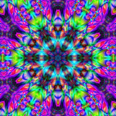 Infinite, intricate patterns of light creating a mesmerizing kaleidoscope of color and form. Colorful Shiny and Hypnotic Kaleidoscope. Abstract decorative vintage texture.