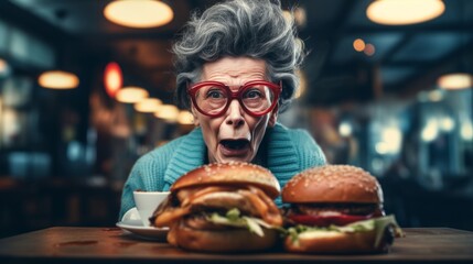 An excited elderly woman with wide eyes looking at two large fast food burgers on a table.