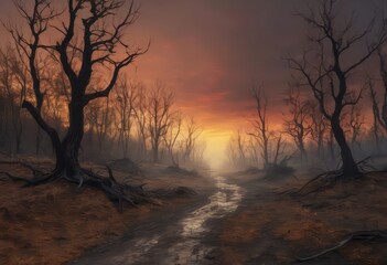 Fototapeta premium Scorched earth with dirt walking track, path through burnt landscape after bushfire, forest fire