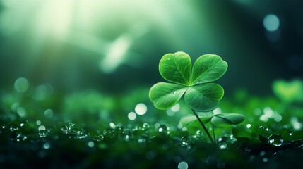 A single four-leaf clover standing out with fresh dew drops, symbolizing luck. - obrazy, fototapety, plakaty