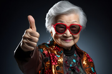 Happy elderly Asian woman red sunglasses showing a thumbs up and looking at the camera with a smile while standing on a gray background. Aged people and relaxation concept
