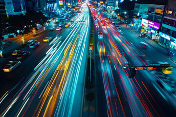 Fototapeta na wymiar Long exposure shot of traffic in the city at night fast moving with blurry