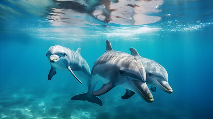 Dolphin jumping out of the sea. 3D rendered illustration Dolphins jumping out of the ocean waves against blue sky background,,
Dolphins swimming in the water with their heads up