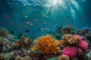 Naklejka na ściany i meble Underwater Paradise: Coral Reef Teeming with Tropical Fish