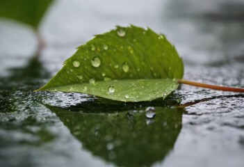 Large beautiful drops of transparent rain water on a green leaf macro. Drops of dew in the morning glow in the sun. Beautiful leaf texture in nature. Natural background