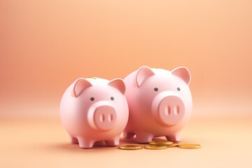 piggy banks decorated with gold coins on the sides in front of the pink wall. generative AI