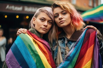 A photography of two young women wrapped in a rainbow flag. Lesbian, pride LGBTQ+ support concepts