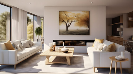 contemporary living room with open concept view through to dining room kitchen and a marble fireplace with gas fire