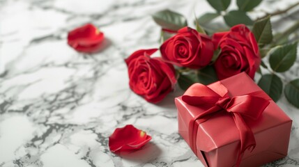 Elegant Red Roses with Gift Box Ribbon Bow with White Marble Background for Valentine Day Product Mockup