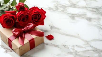 Elegant Red Roses with Gift Box Ribbon Bow with White Marble Background for Valentine Day Product Mockup