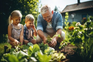 Children planting plants with their grandfather in spring in the orchard or garden