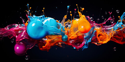 Abstract colorful splash 3d background, A black background with colorful paint splashes.
