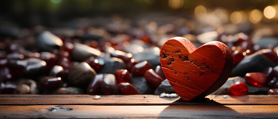 A bright red heart on old wood represents a timeless love. Even though it's old, it still looks fresh. There is copy space on the left for adding messages for Valentine's Day or wedding presentation.