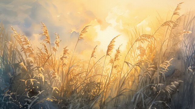 watercolor painting of sunset in the reeds and meadow
