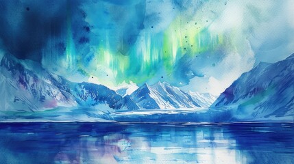 watercolor painting of Aurora borealis over the sea with snowy mountains