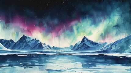 watercolor painting of Aurora borealis over the sea with snowy mountains