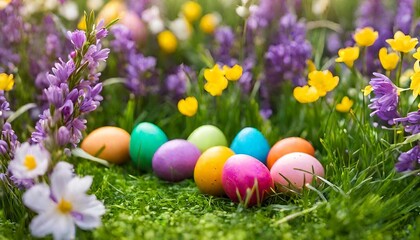Fototapeta na wymiar Easter egg hunt scene with vibrantly colored eggs hidden among blooming flowers and lush grass, capturing the joy and excitement of the traditional Easter activity.