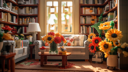 Lego living room with plants and books, warm lighting