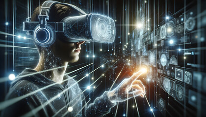 Man wearing virtual reality glasses. VR headset for playing and metaverse. Particles, dots, lines.