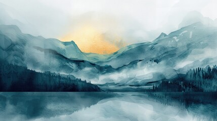 Minimal mountain landscape watercolor with brush and golden line art texture - obrazy, fototapety, plakaty