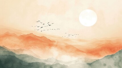 watercolor painting of Misty mountains with gentle slopes and flock of birds in sunrise sky