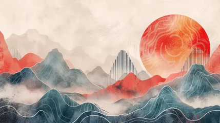 Rollo chinese and Japanese oriental line art mountain and sun watercolor abstract background © fledermausstudio