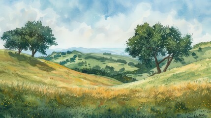 Landscape watercolor of peaceful hills and trees