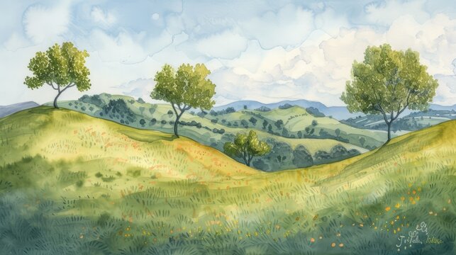 Landscape watercolor of peaceful hills and trees