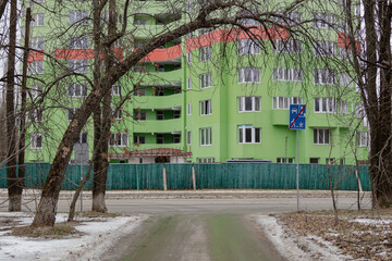 Kyiv, Ukraine - January 20, 2024: cozy sleeping district of Borshchagivka. school, cinema, houses...
