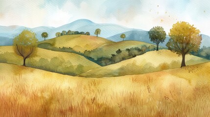 Fototapeta premium Landscape watercolor of peaceful hills and trees