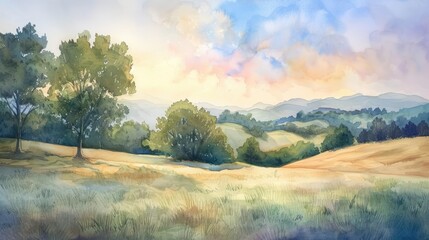 Fototapeta na wymiar Landscape watercolor of peaceful hills and trees